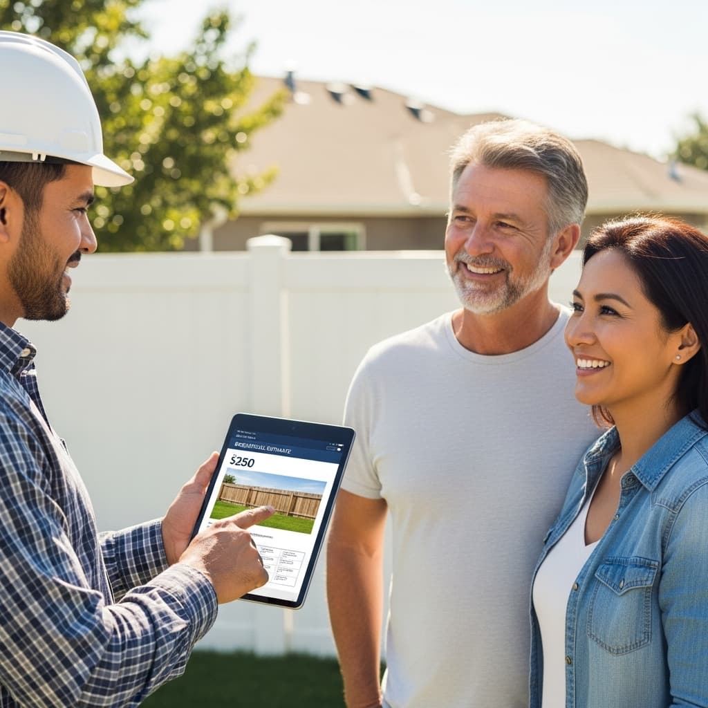 Professional contractor showing tablet with fence quote to satisfied clients